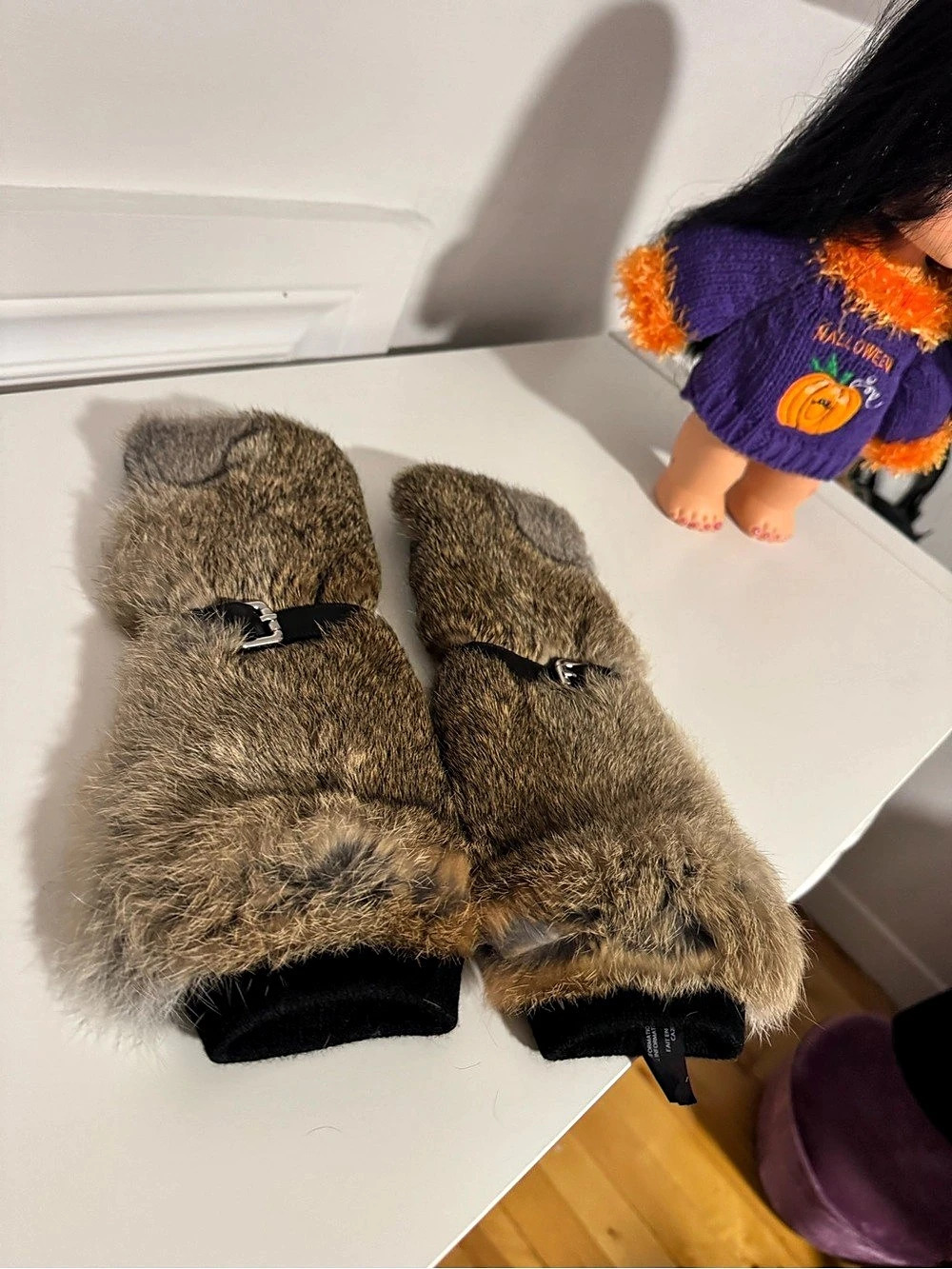 Rudsak Fur & Leather Fingerless Mittens in Brown & Black